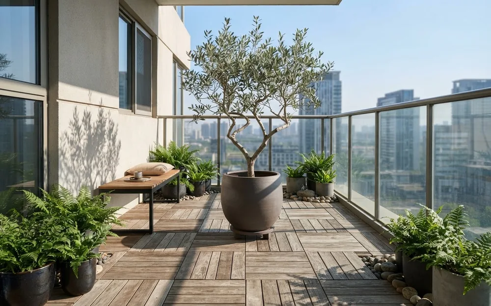 木质休憩座椅与盆栽构成的城市阳台,空间灵感示意